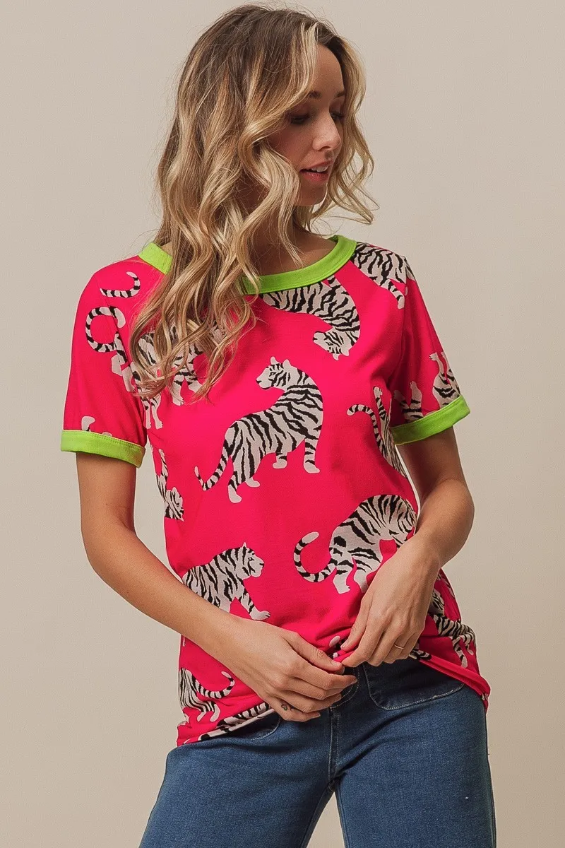 BiBi Big Tiger Print Jersey Contrast Ringer Top, image 9