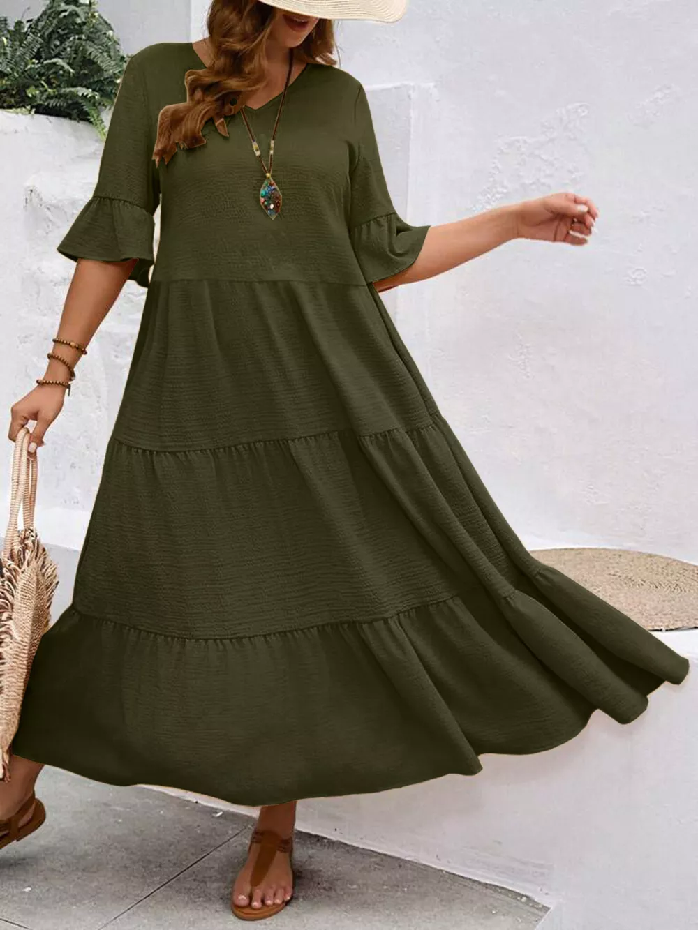 Plus Size Ruffle Sleeves Tiered Midi Dress, image 9