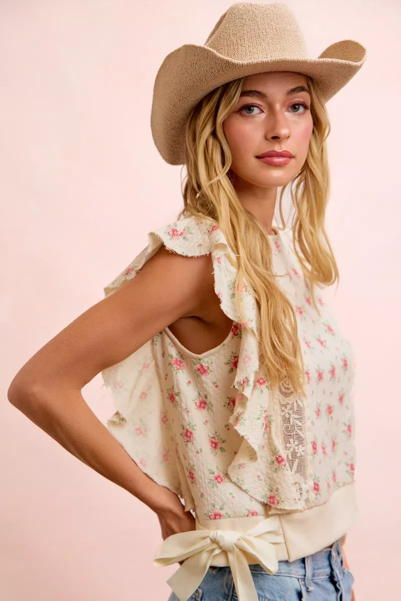 BiBi Flower Printed Ruffle Sleeve Trim Detail Top, image 33