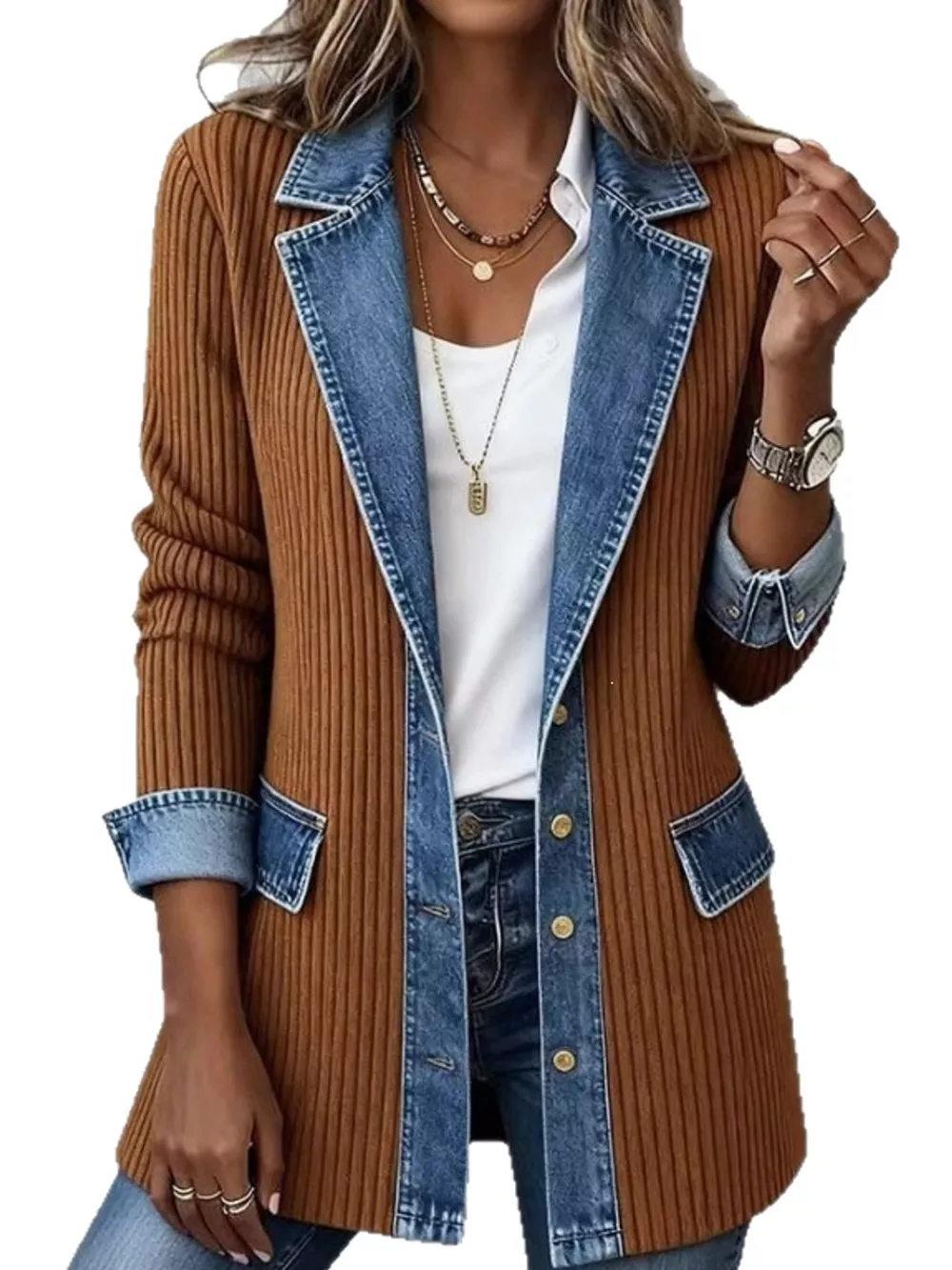 Full Size Denim Trim Ribbed Knit Cardigan Plus Size, image 7