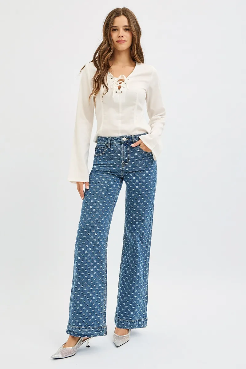 High Rise Wide Leg Bow Embroidered Jeans