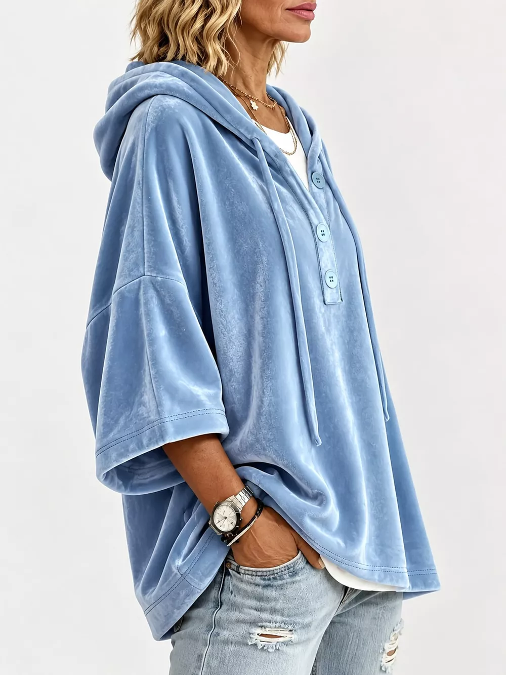 Full Size Velvet Button Detail Hoodie Plus Size, image 2