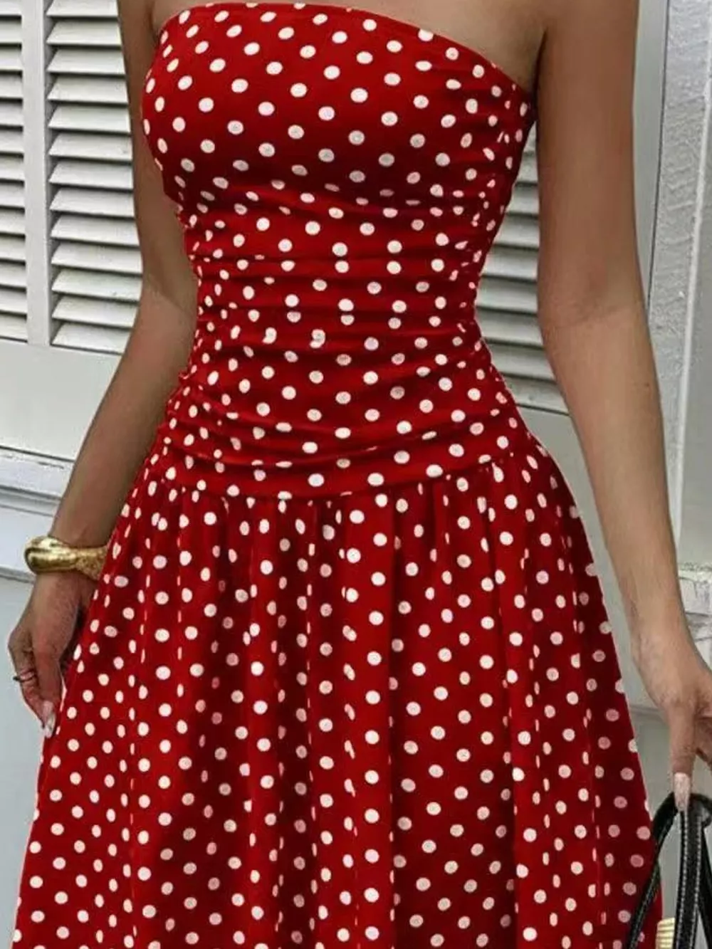 Strapless Polka Dot Ruched Maxi Dress, image 19