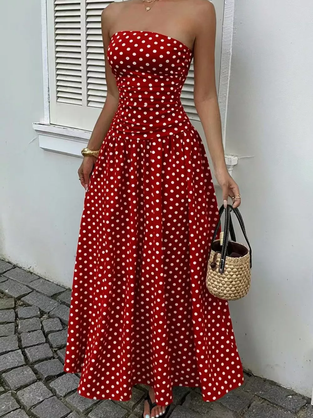 Strapless Polka Dot Ruched Maxi Dress, image 14