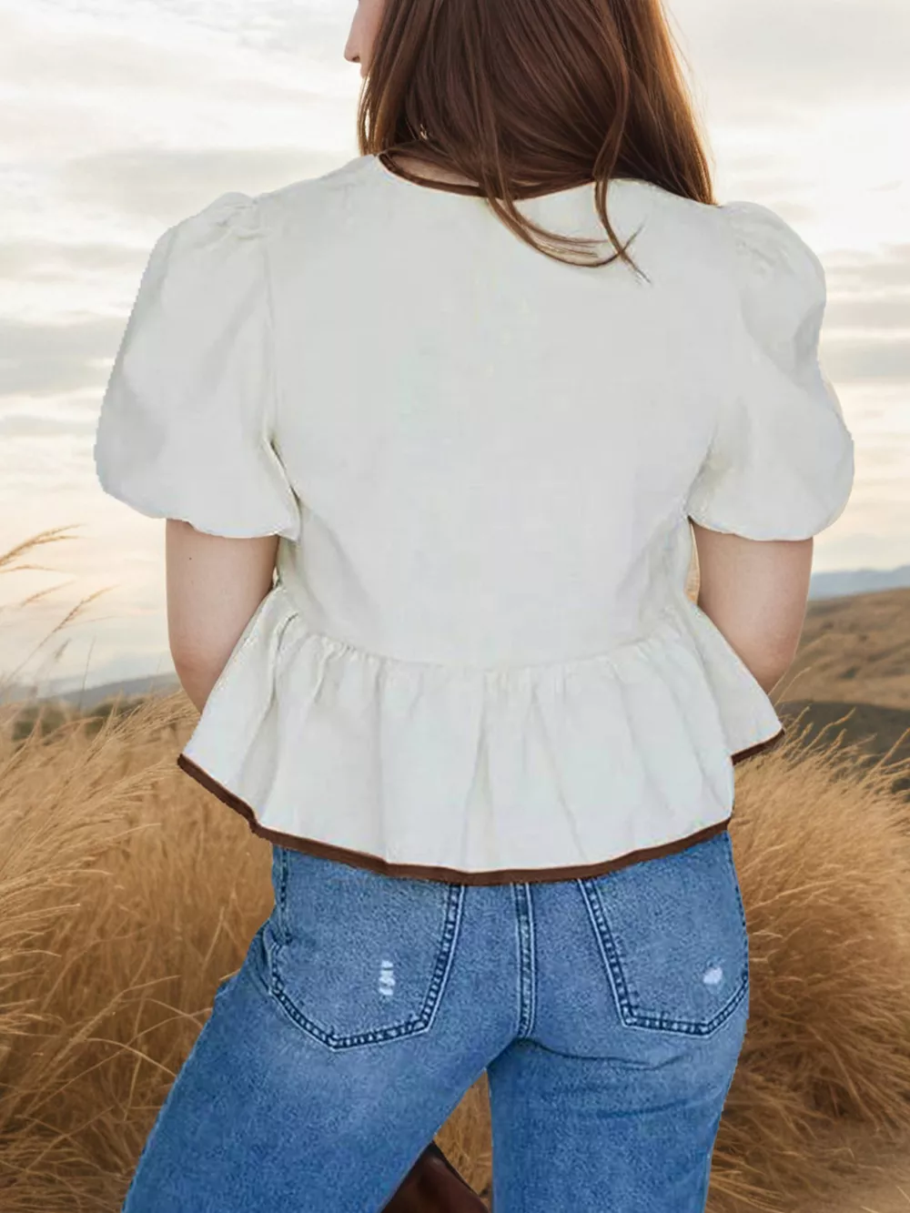 Tie-Front Puff Sleeve Peplum Blouse, image 3