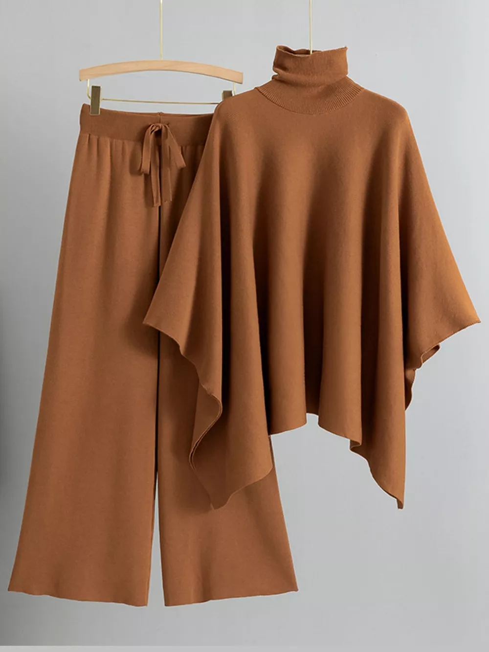 Elegant Turtleneck Poncho Sweater and Wide-Leg Knit Pants Set, image 16