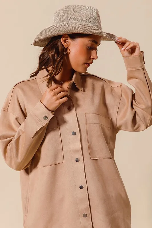 Faux Sued Snap Shacket with Collar and Pockets, image 8