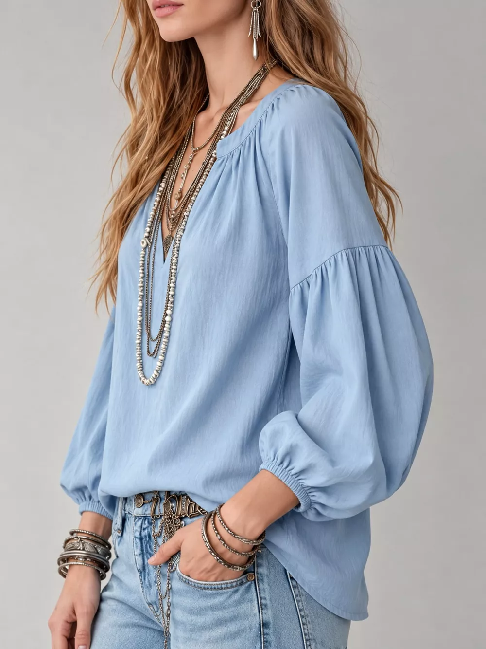 Full Size Notched Balloon Sleeve Blouse Plus Size, image 2