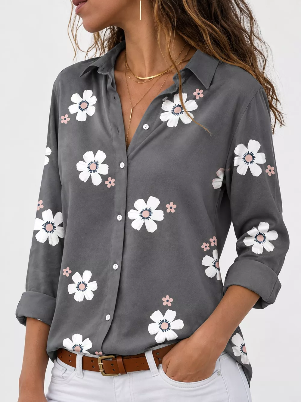 Full Size Floral Print Button-Down Casual Shirt Plus Size, image 2