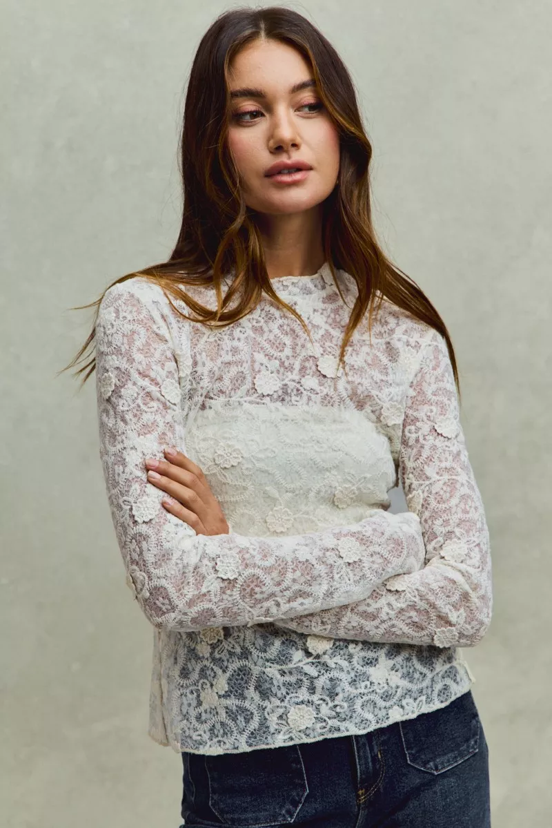 Lace Long Sleeve 3d Effect Floral Layering Top, image 7