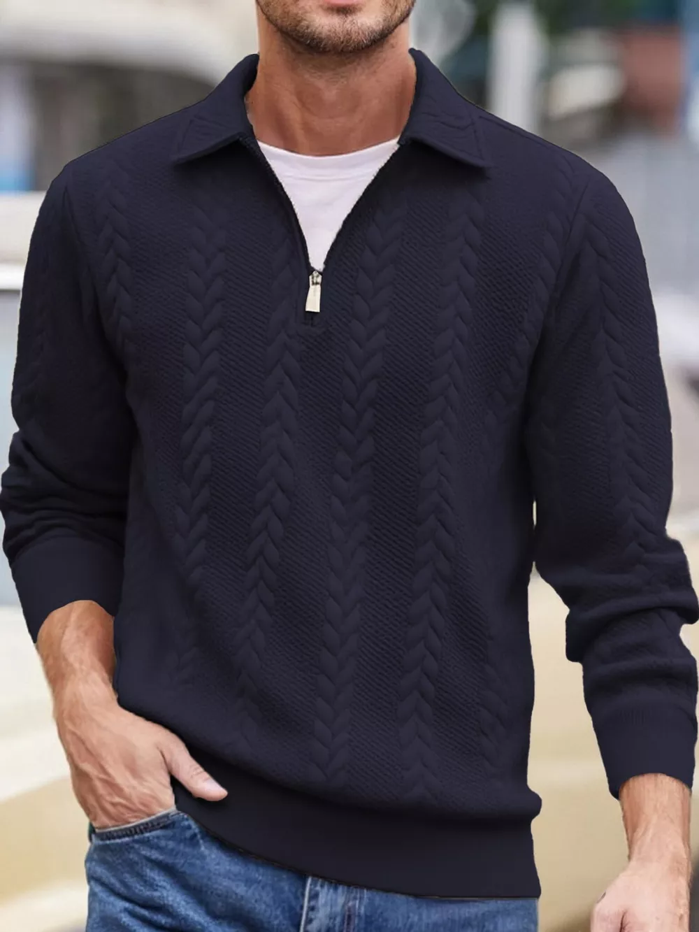 Men's Full Size Quarter-Zip Cable Knit Jacquard Sweatshirt Plus Size, image 8