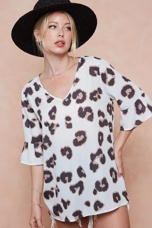 Leopard Printed V Neck Woven Top with Ruffled, image 12