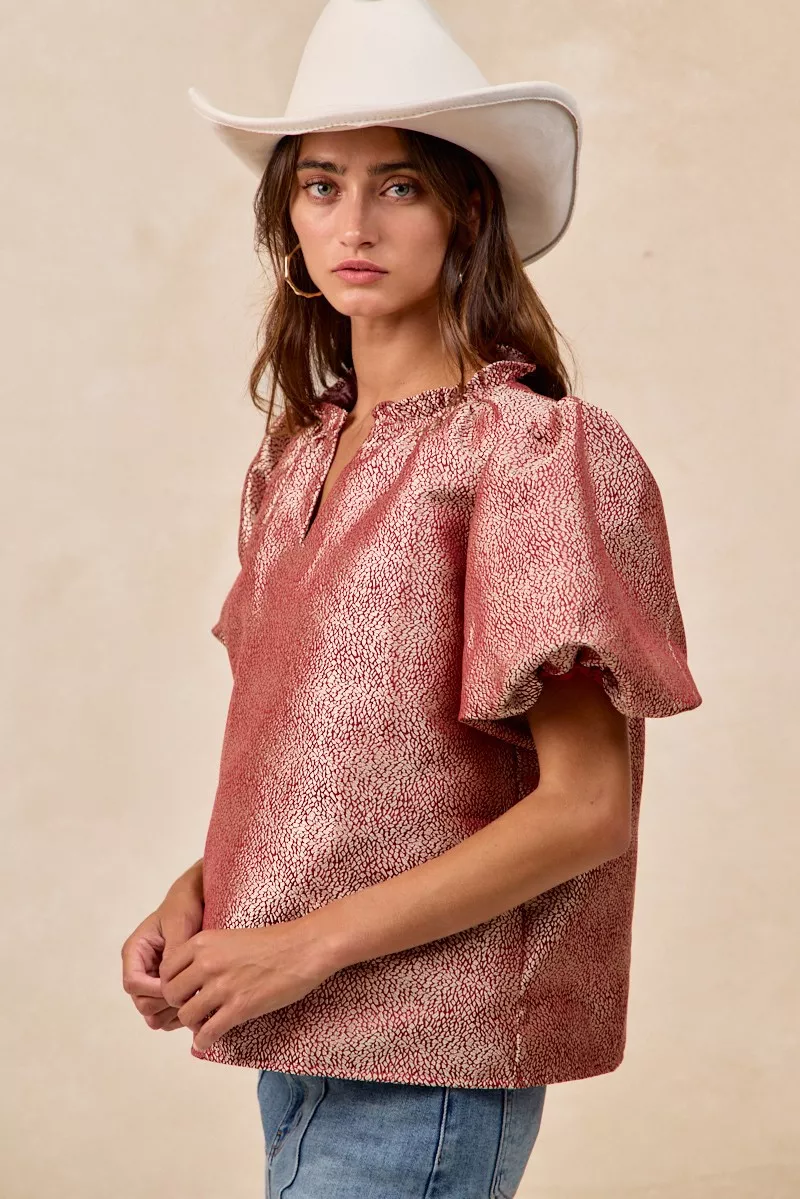 Jacquard Woven Short Balloon Sleeves V Neck Top, image 2