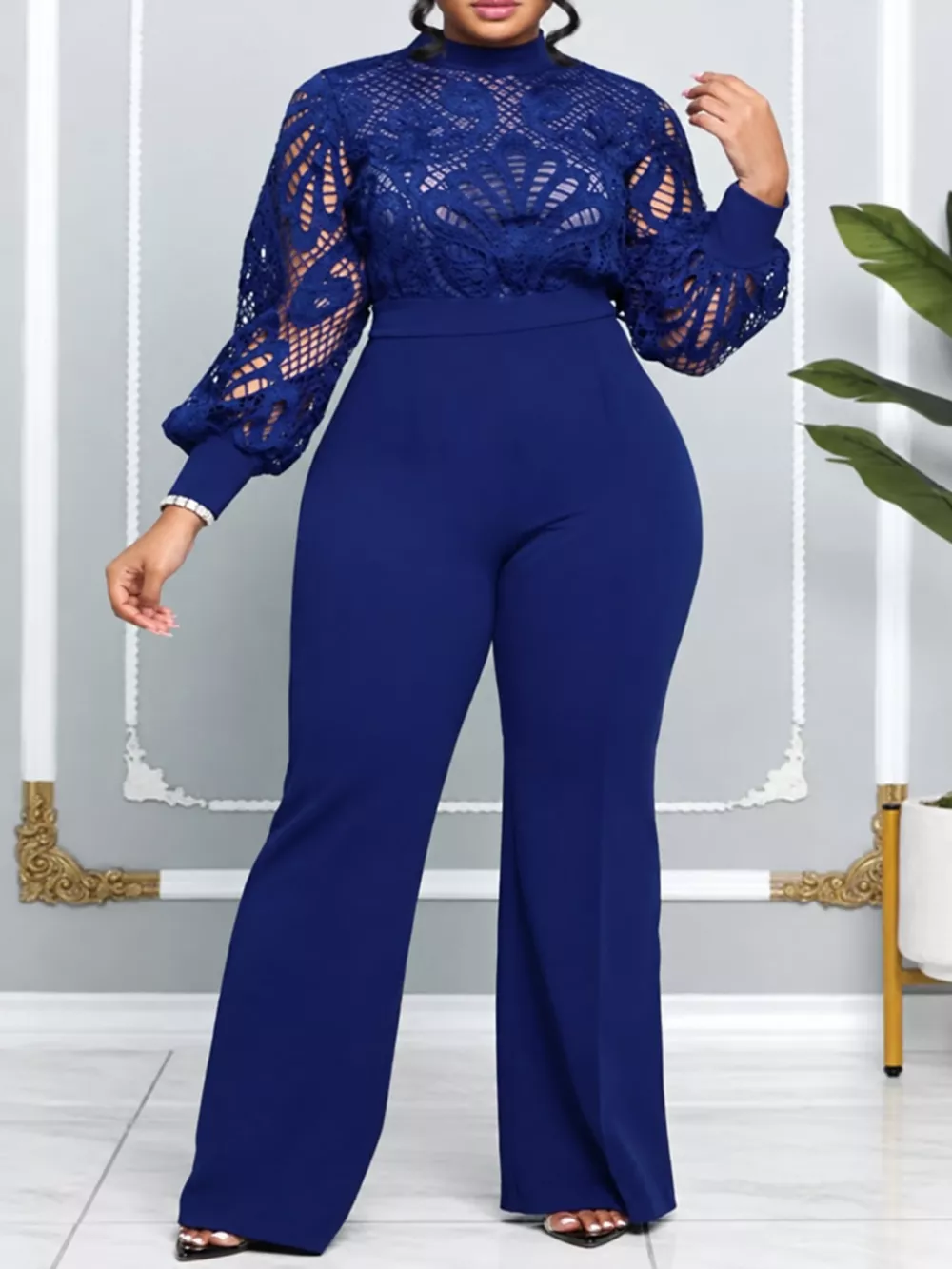 Full Size Lace Lantern Sleeve Flare Jumpsuit Plus Size, image 2