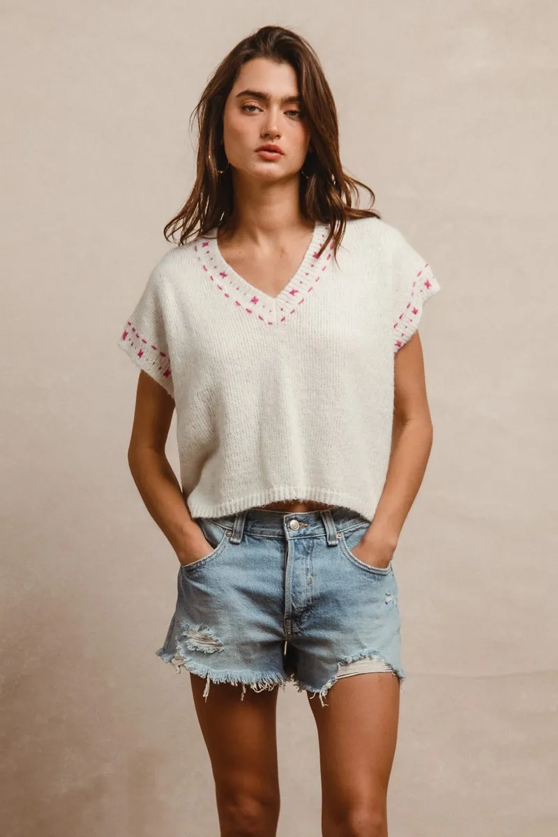 Knit Solid Contrast Stitch Detail Short Sleeves Sweater, image 3