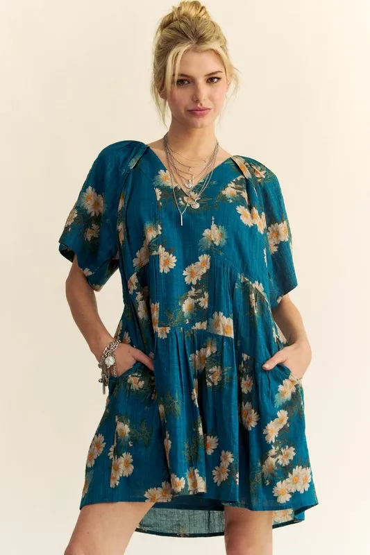 Floral Print Short Bell Sleeve Pleated Mini Dress