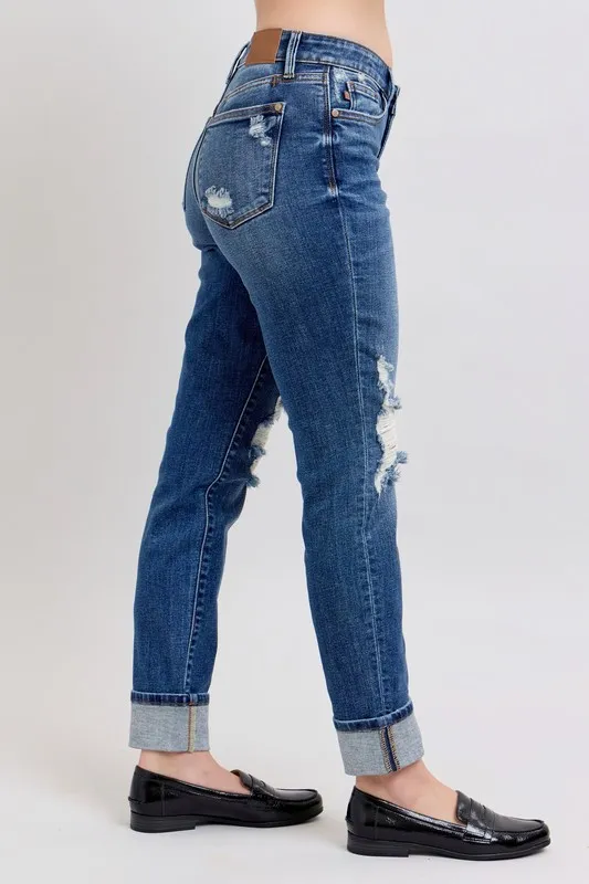 Full Size Mid Rise Boyfriend destroy Jeans with Yoke Pockets and Faux Selvedge Cuff Plus Size, image 9