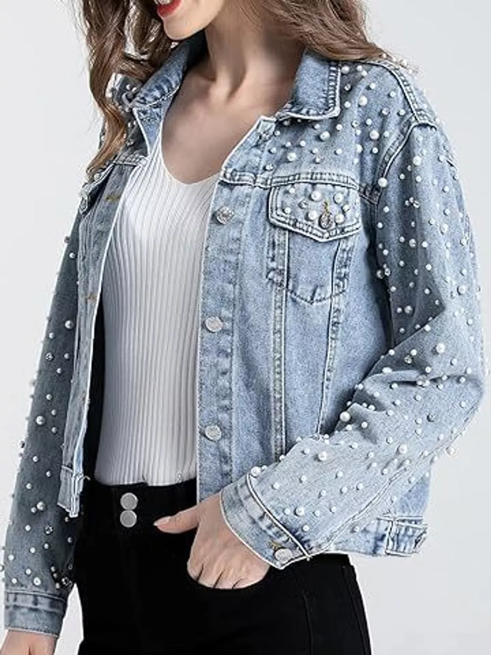 Pearl Detail Button Up Denim Jacket, image 5