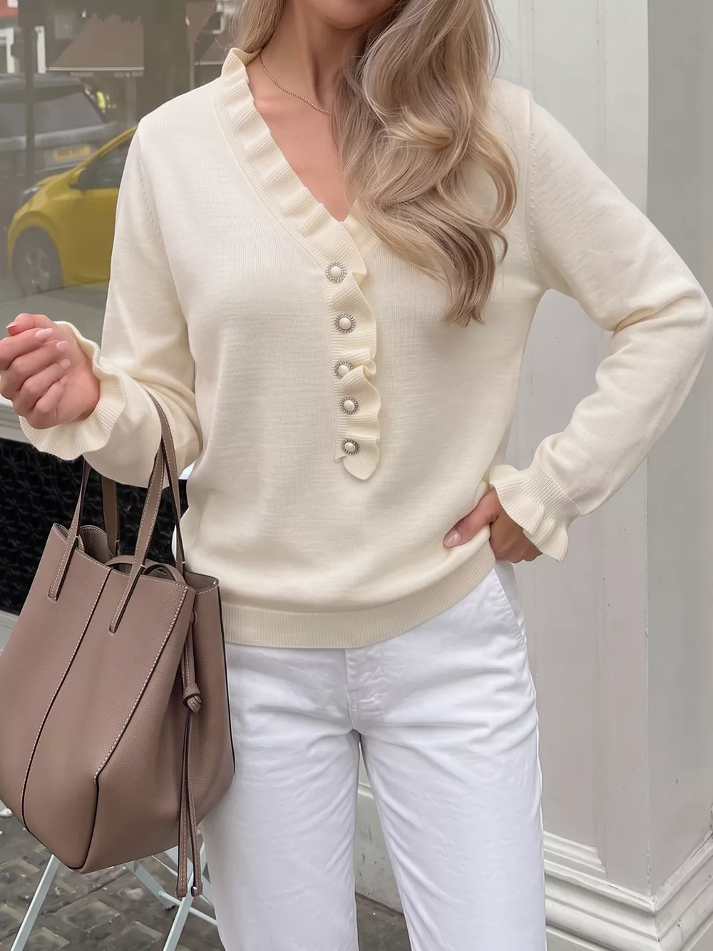 Ruffle Trim Pearl Button V-Neck Knit Top, image 2