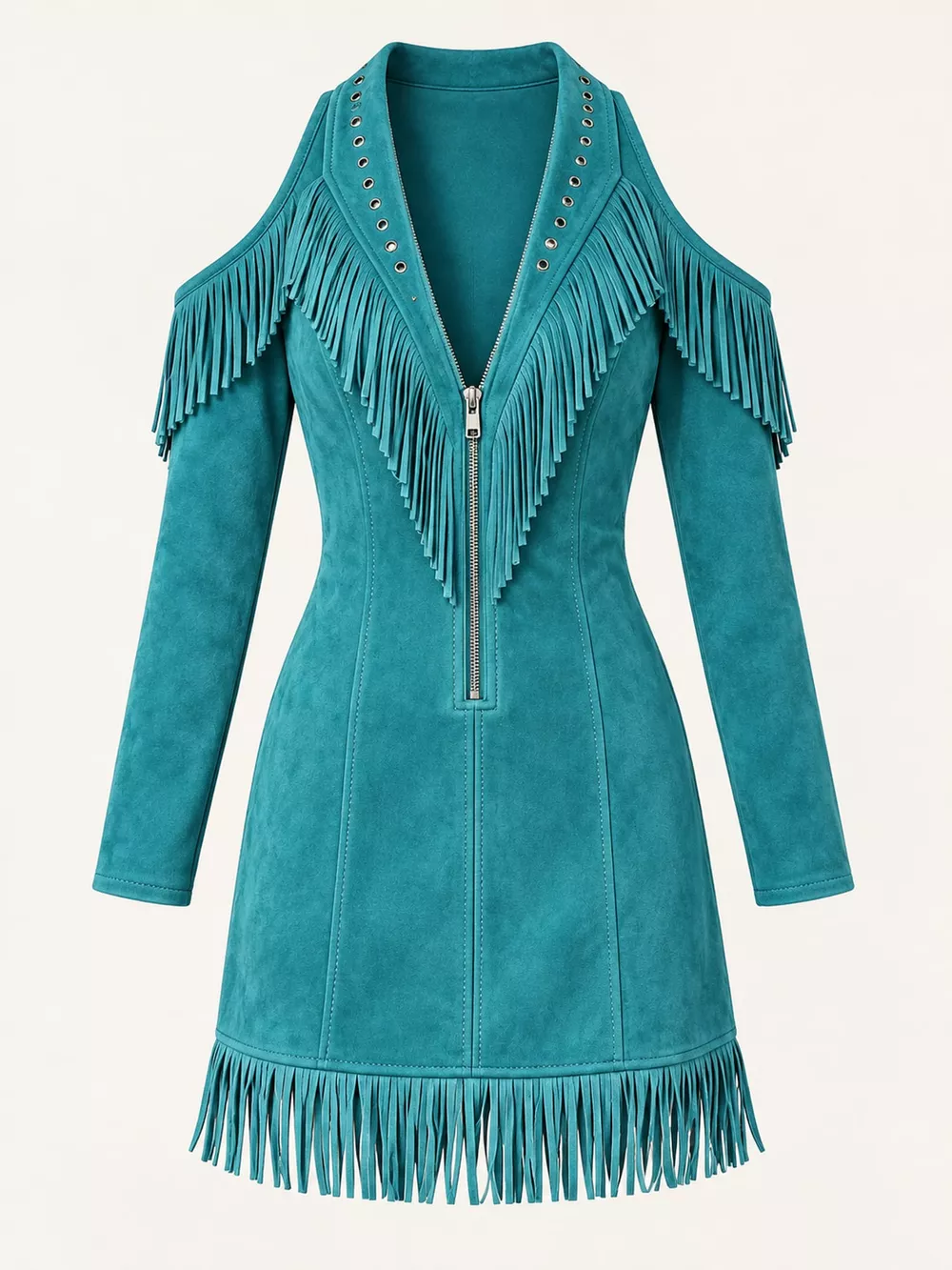 Full Size Fringed Cold-Shoulder Zip-Front Mini Dress Plus Size, image 9