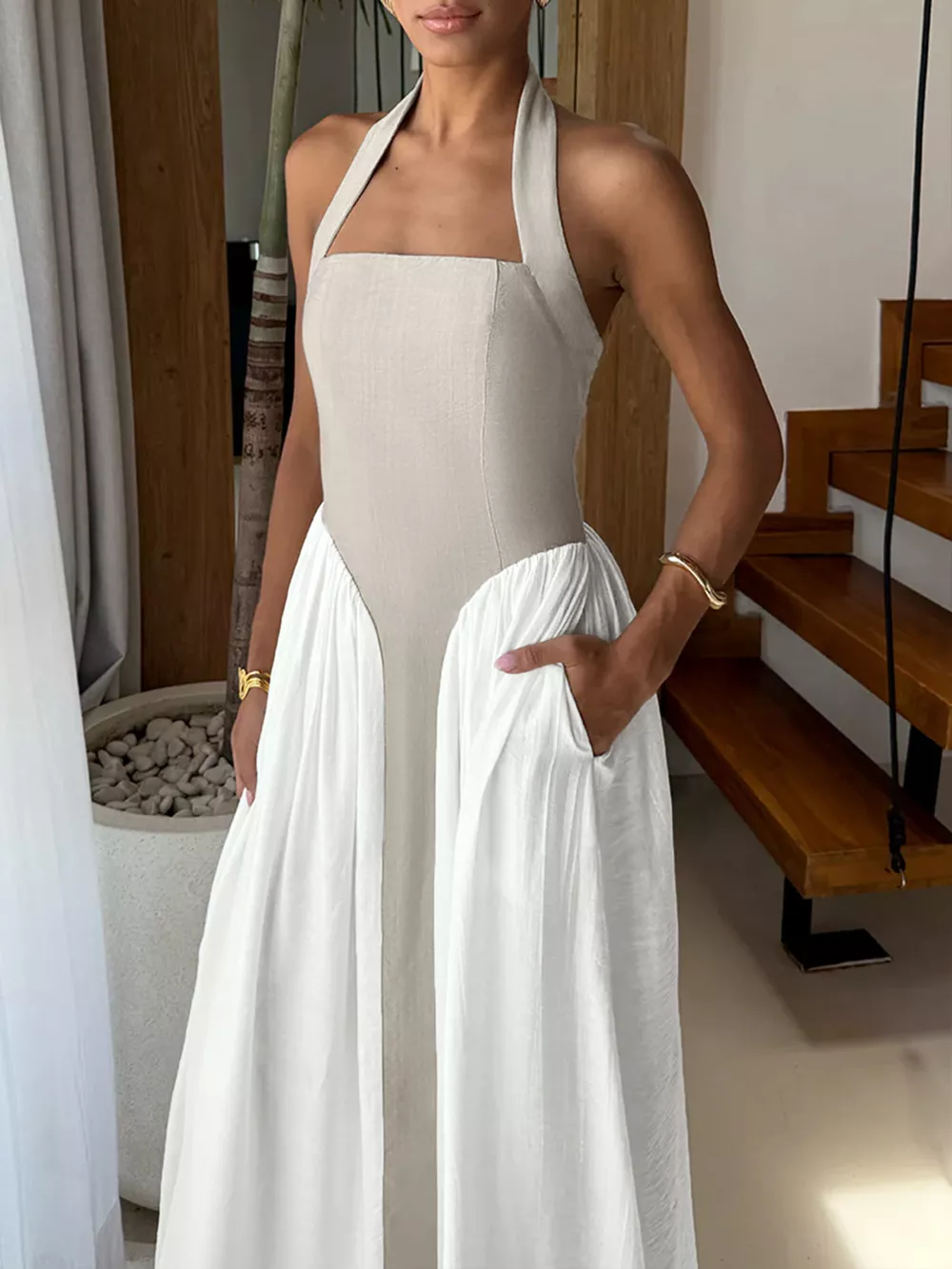 Halter Neck Two-Tone Maxi Dress, image 3