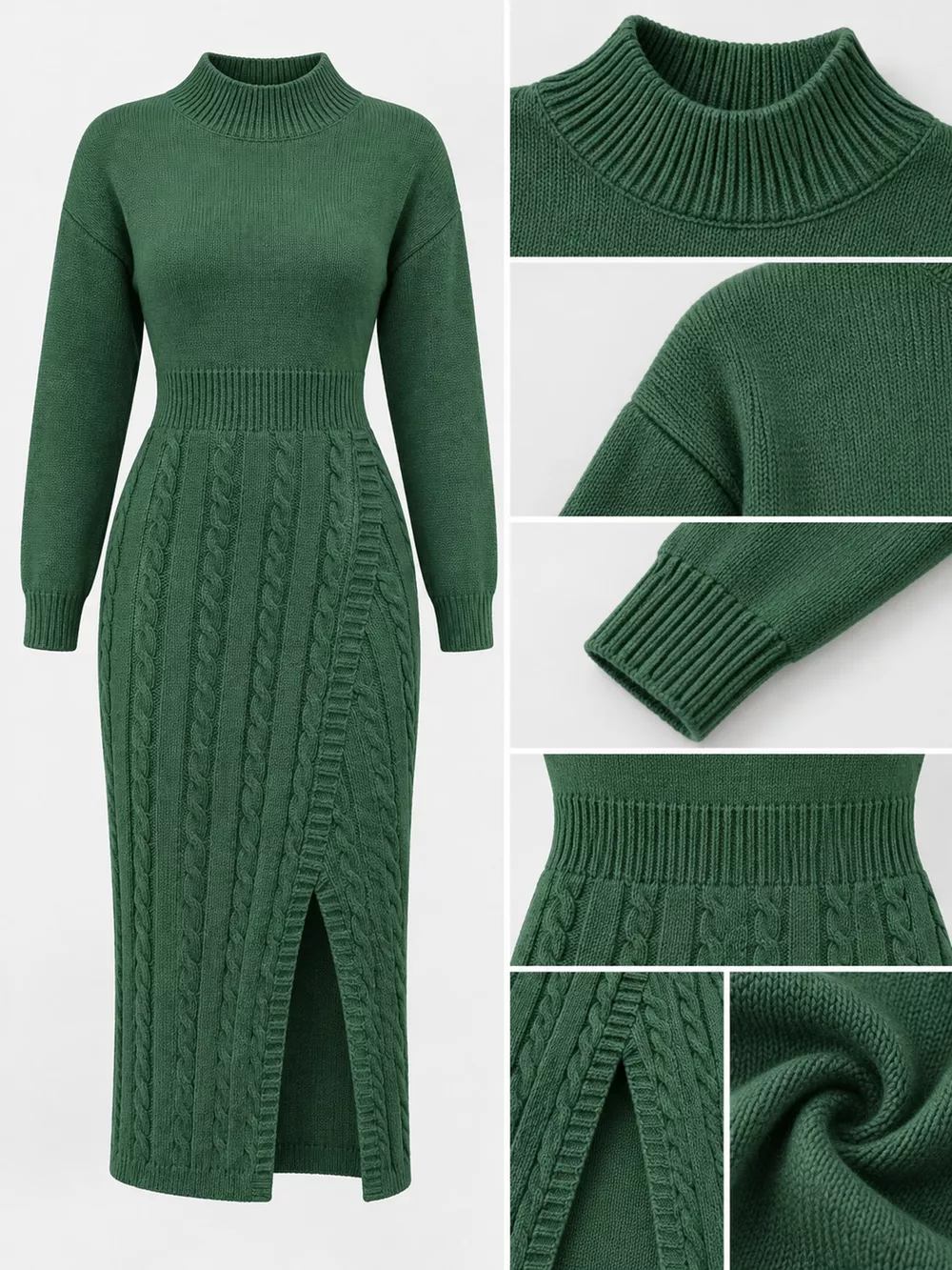 Full Size Mock Neck Cable Knit Sweater Dress with Front Slit Plus Size, image 30