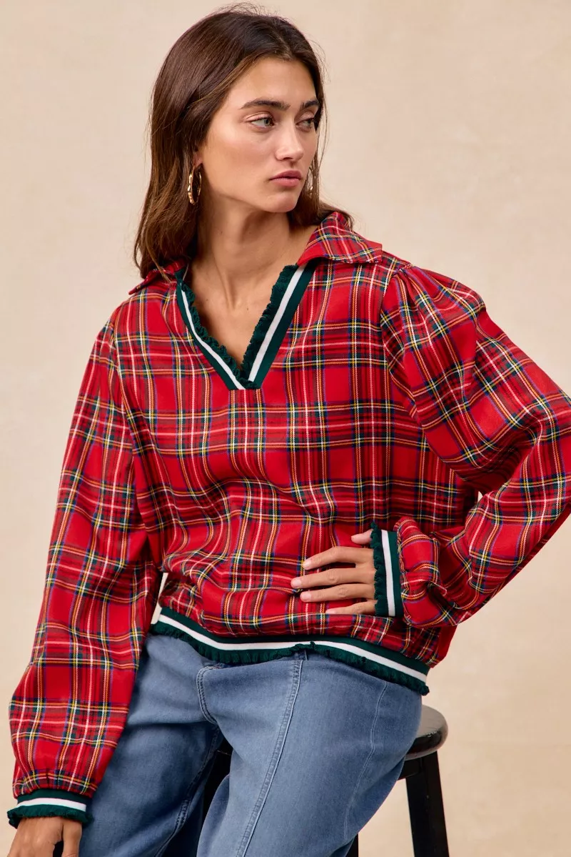 Christmas Plaid Collared Top with Ruffled Detail, image 7