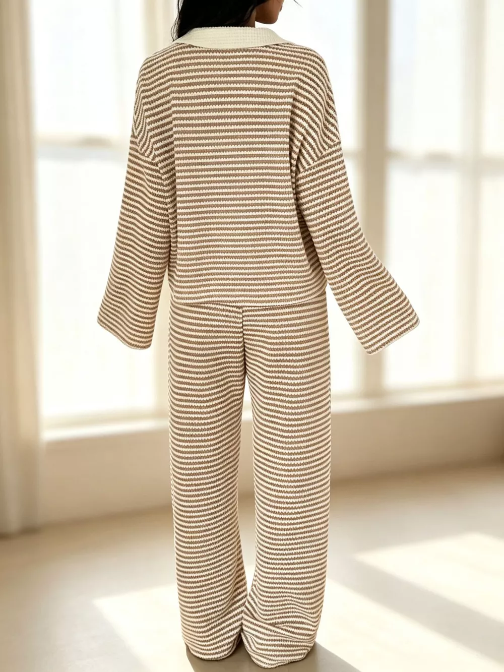 Striped Long Sleeve Polo and Wide-Leg Pants Set, image 17