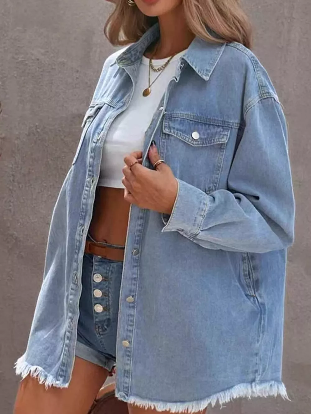 Raw Hem Button Up Denim Jacket, image 3