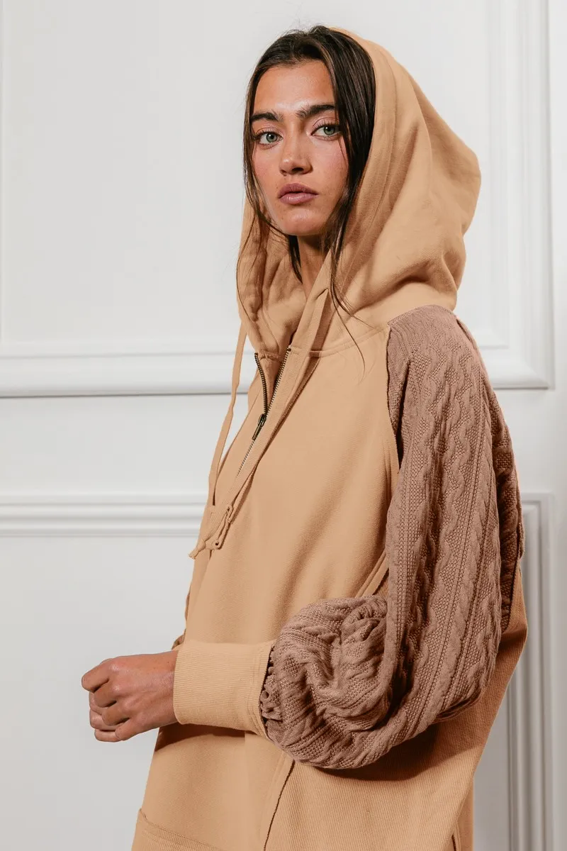 Half Zip French Terry Hoodie with Kint Sleeves, image 2