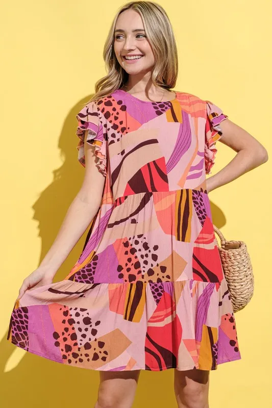 Printed Double Ruffles Sleeve Dress