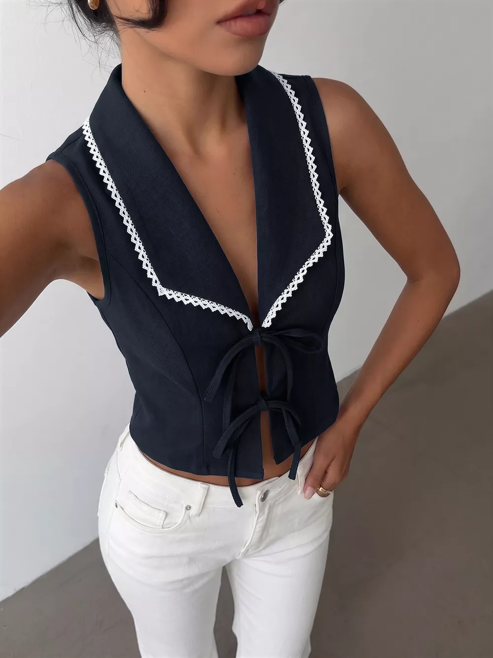 Lace Trim Tie-Front Vest, image 2