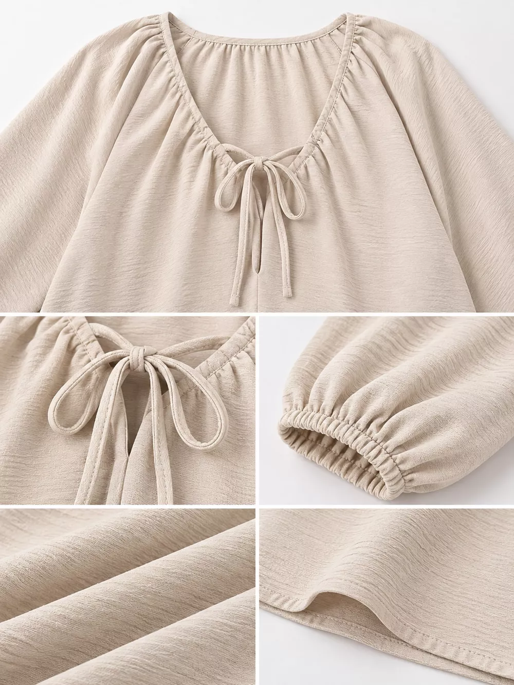 V-Neck Tie-Front Long Sleeve Blouse with Textured Fabric, image 9