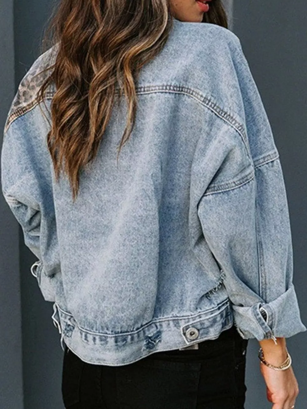 Full Size Distressed Leopard Dropped Shoulder Denim Jacket Plus Size, image 7