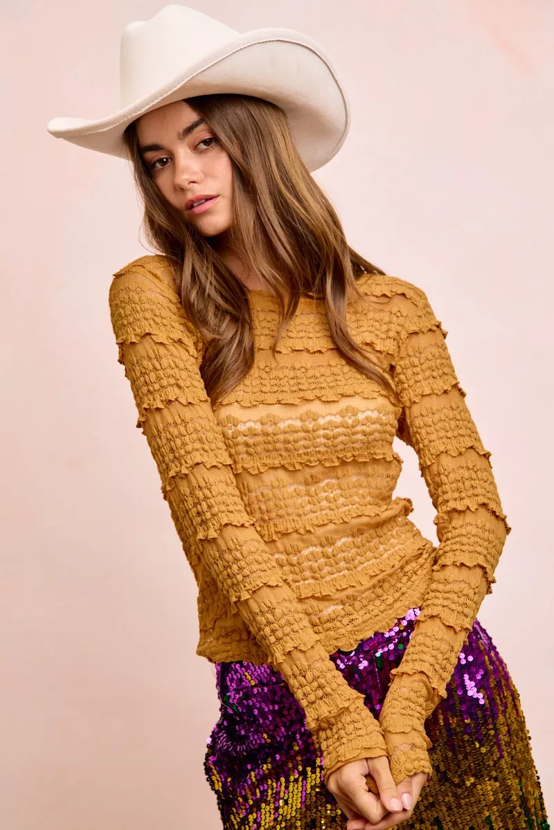 Ruffles Detail Mardi Gras Color Flower Lace Top, image 4