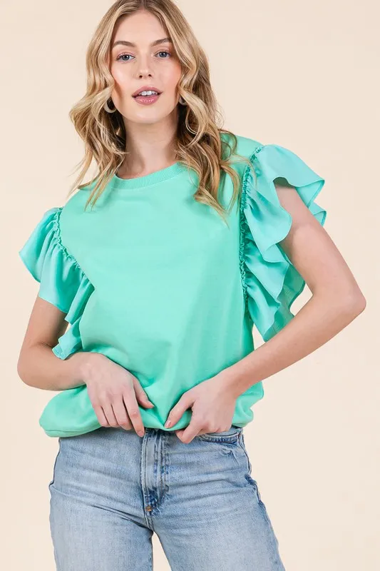 Solid Shoulder Ruffle Detail Round Neck Top, image 5