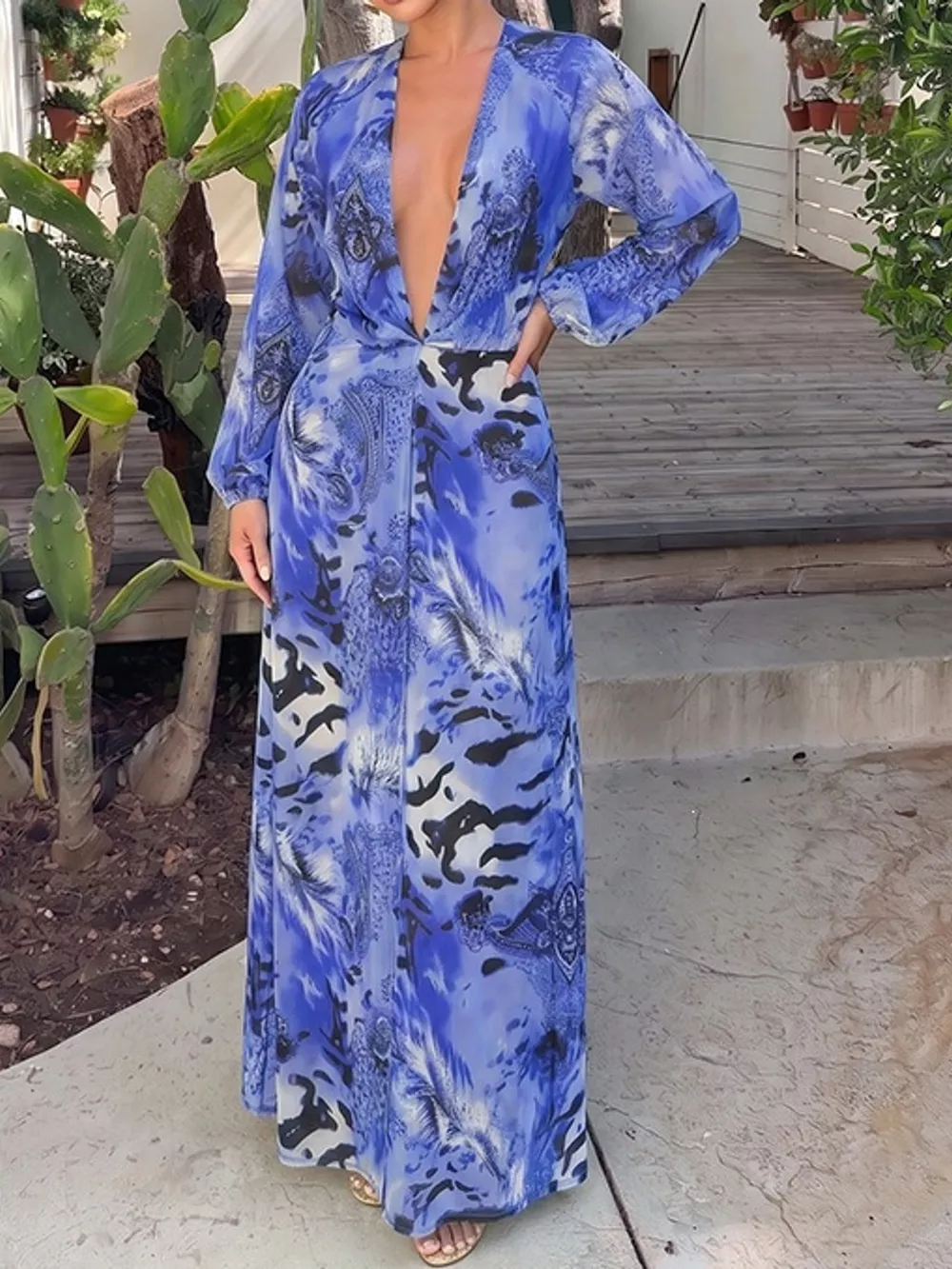 Deep V-Neck Long Sleeve Printed Maxi Dress, image 24