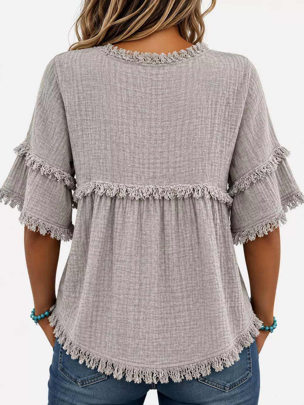 Full Size Frayed Edge Textured Blouse Plus Size, image 44