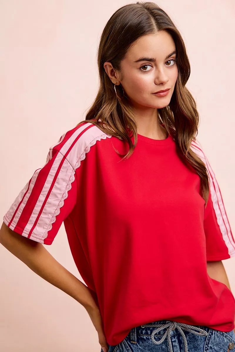 BiBi French Terry Side Lace Detail Short Sleeves Top, image 8
