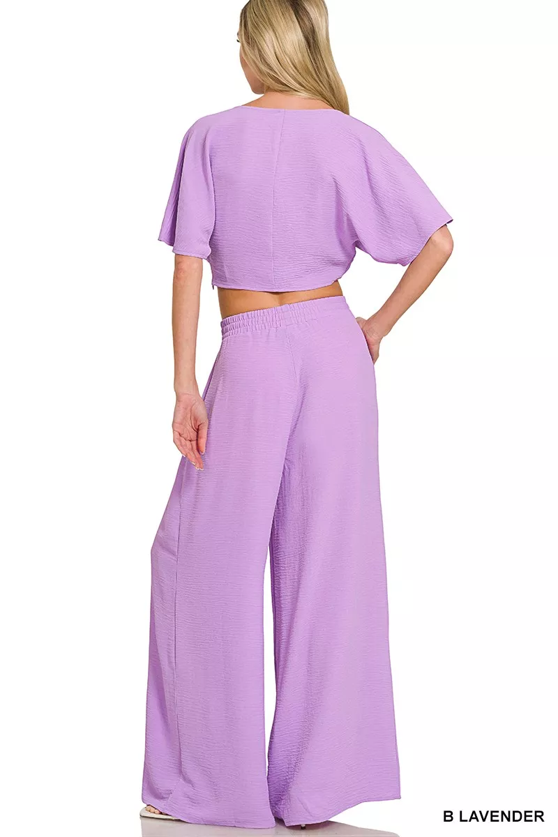 Woven Airflow Twisted Top & Wide Leg Pants Set, image 9