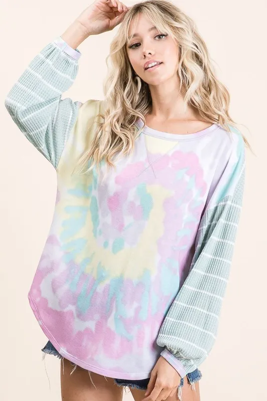 Tie Dye Terry Top with Wide Stripe Thermal Waffle, image 4