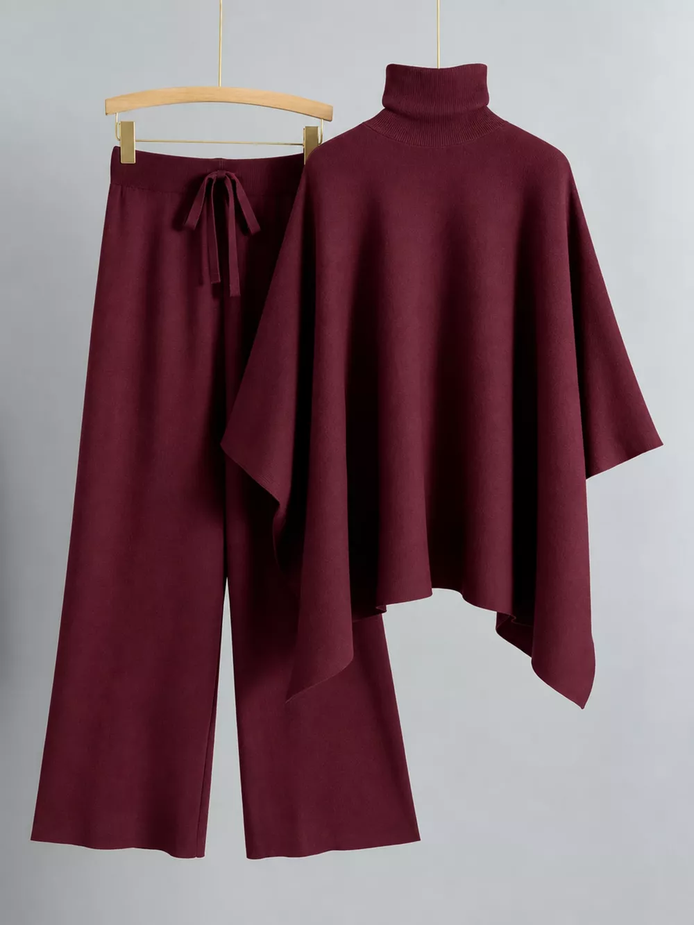 Elegant Turtleneck Poncho Sweater and Wide-Leg Knit Pants Set, image 7