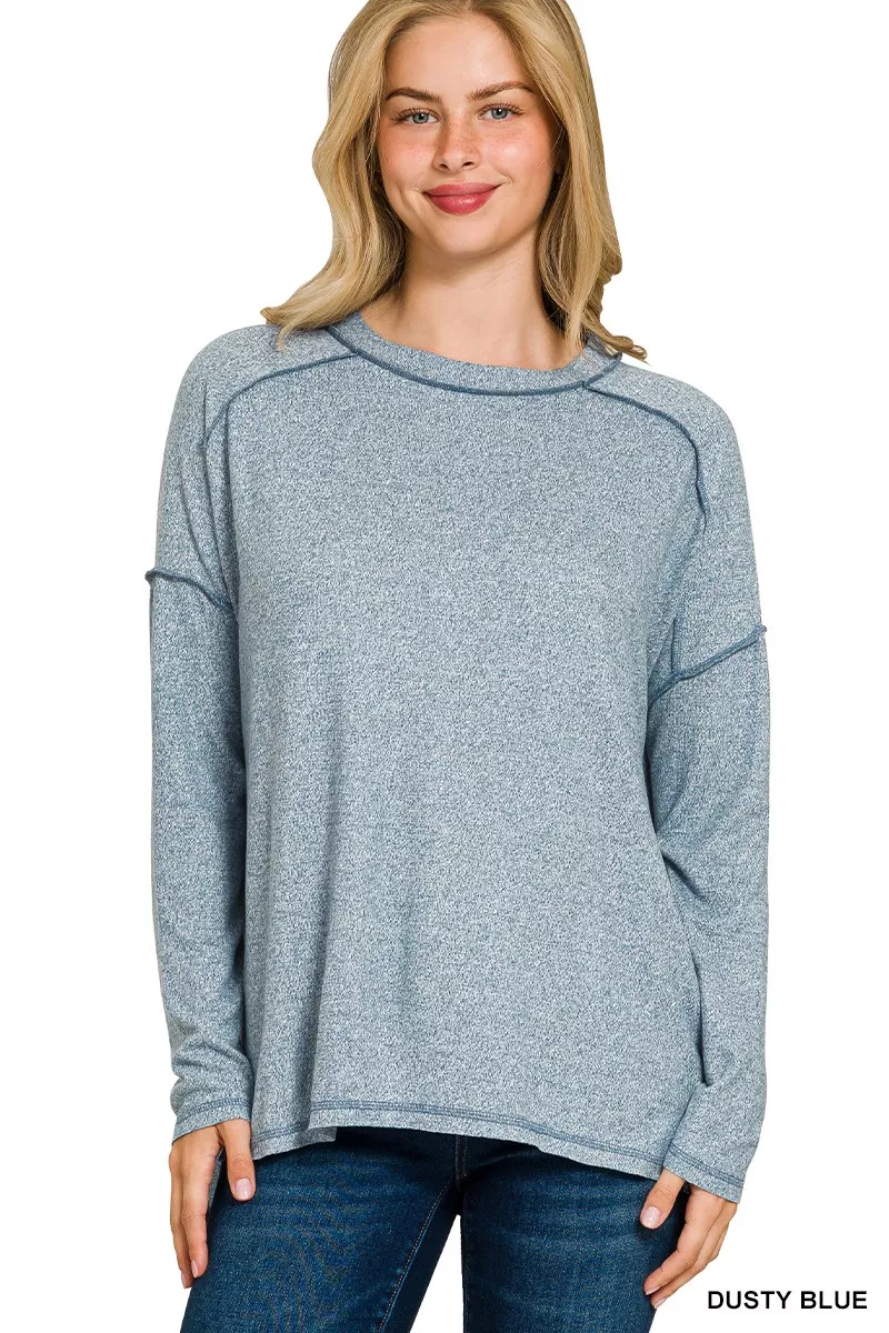 Full Size Melange Hacci Exposed Seam Hi-low Tee Plus Size