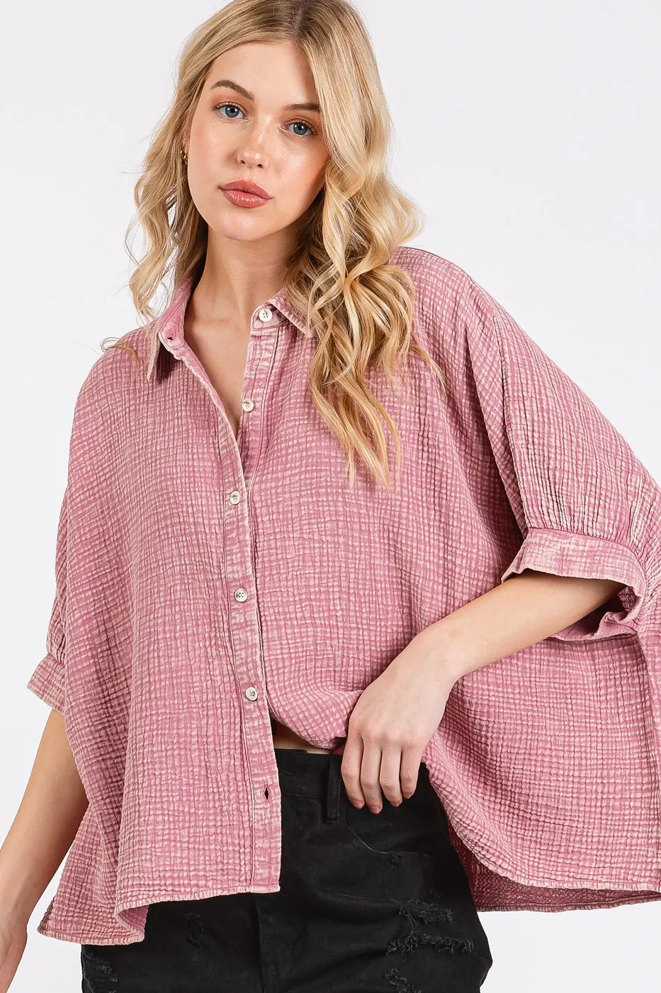 Mineral Wash Gauze Dolman Sleeve Button Down Shirt, image 3
