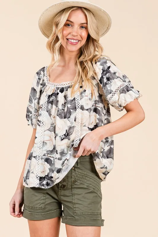 Floral Print Lace Trim Puff Sleeve Blouse