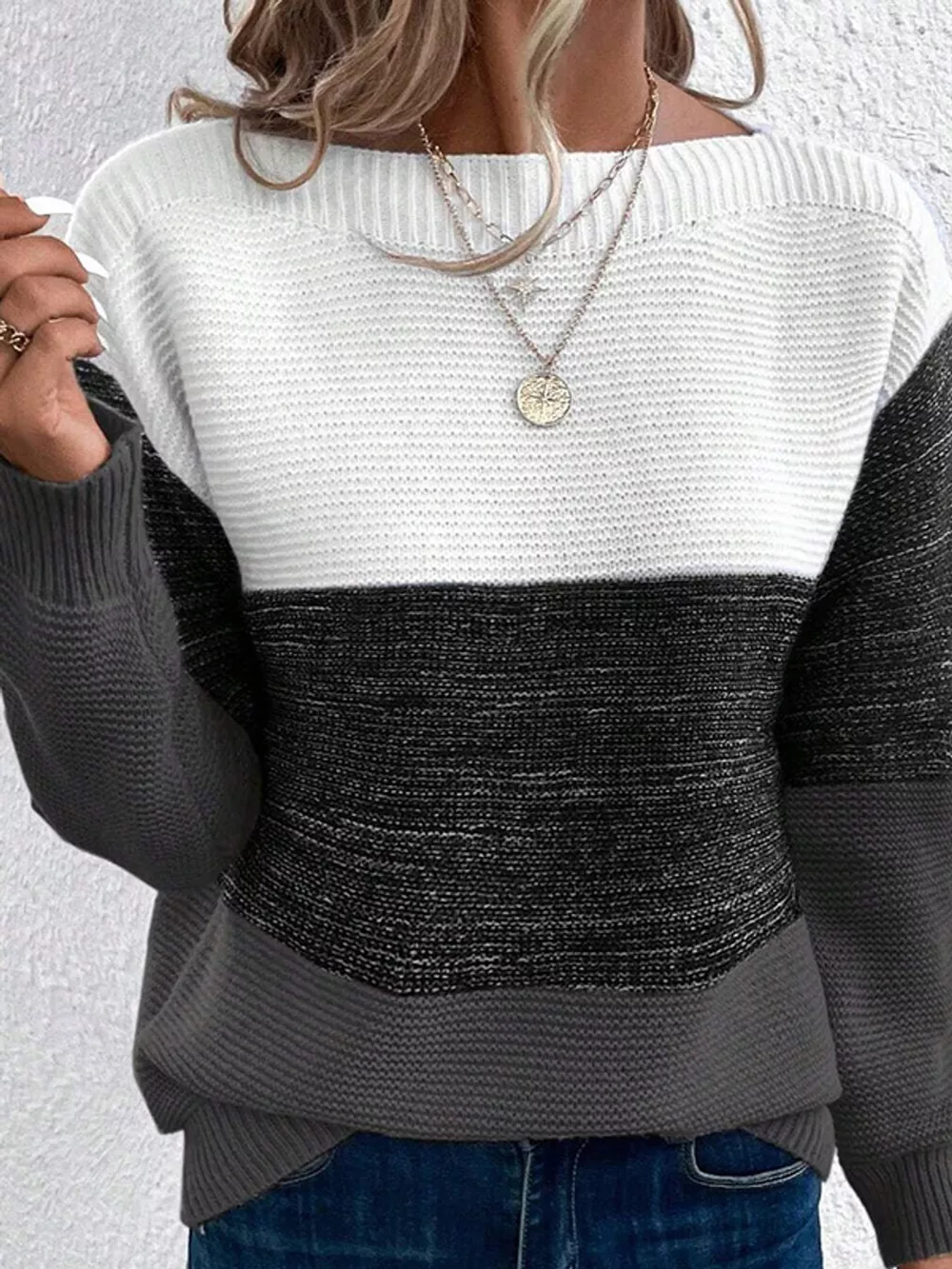 Full Size Color-Block Boat Neck Sweater Plus Size