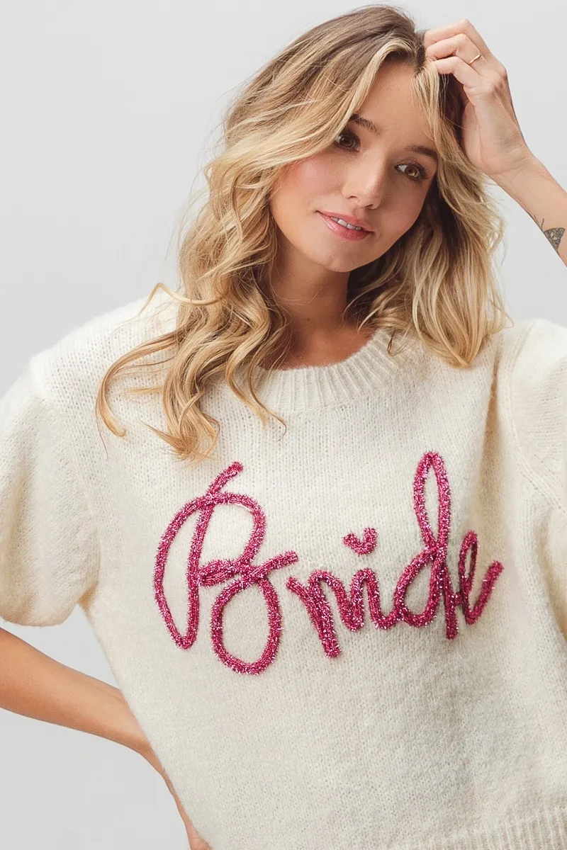 Metallic Letter Short Puff Sleeve Hairy Sweater, image 3