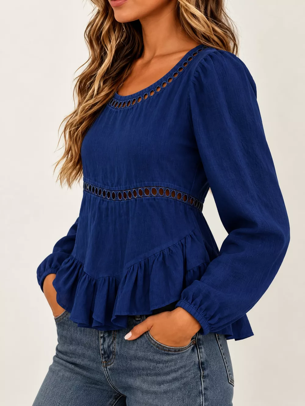 Long Sleeve Blouse with Eyelet Lace Trim and Ruffled Hem, image 24