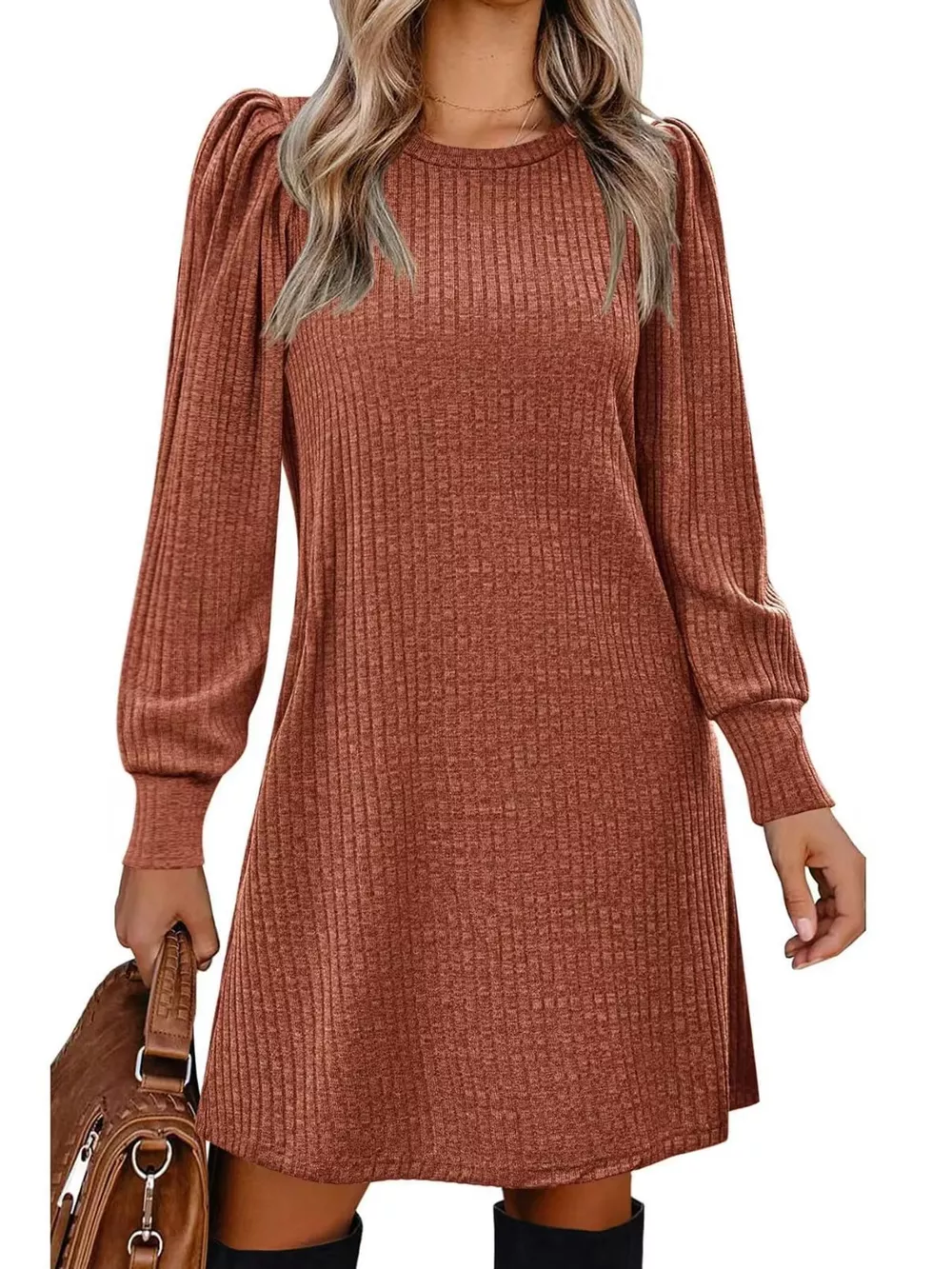 Puff Sleeve Ribbed Knit Dress with Pockets, image 4