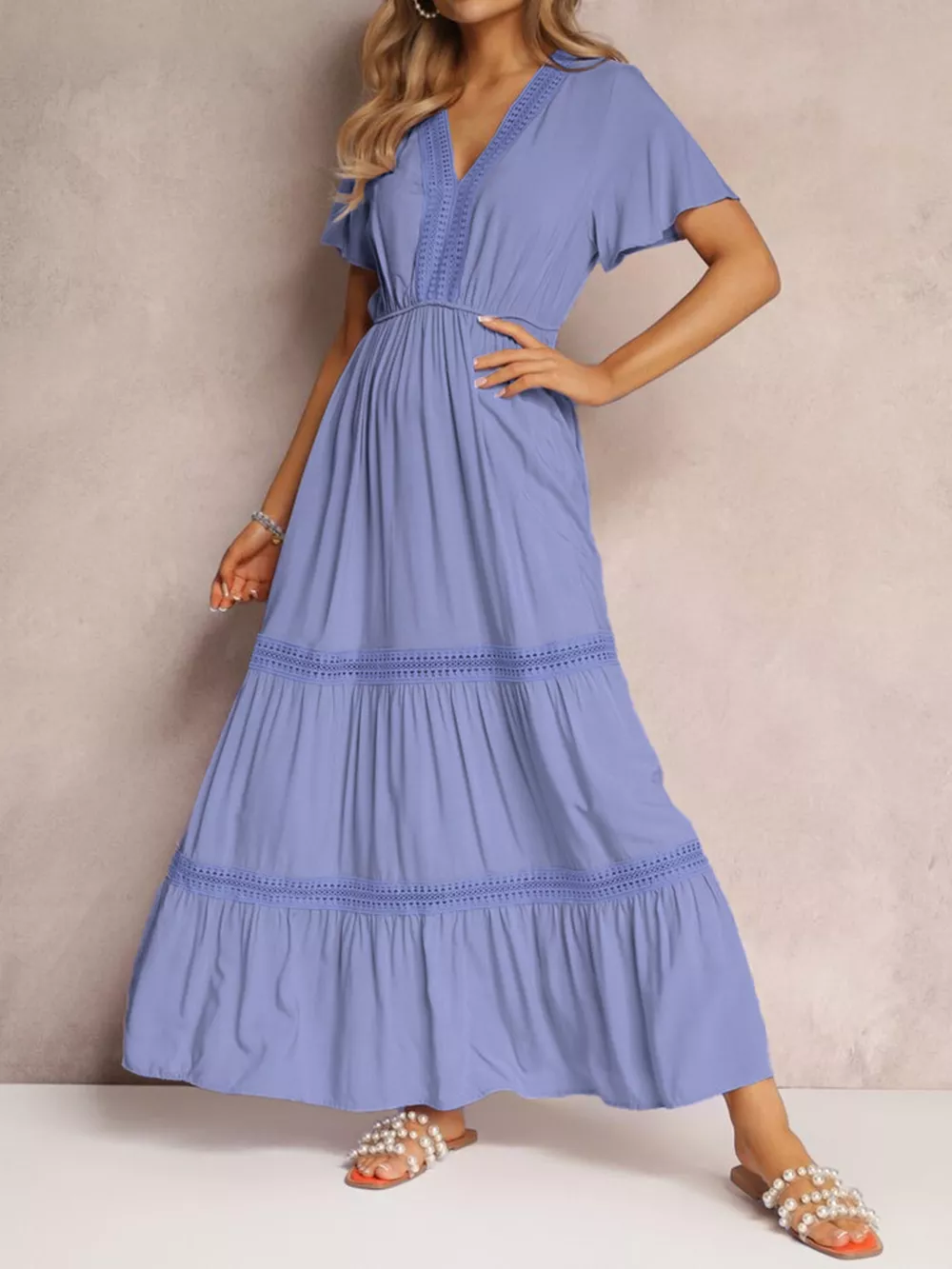 V-Neck Short Sleeve Tiered Maxi Dress, image 7